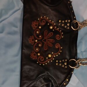Kate Landry Black and Brown Embroidered Shoulder Bag